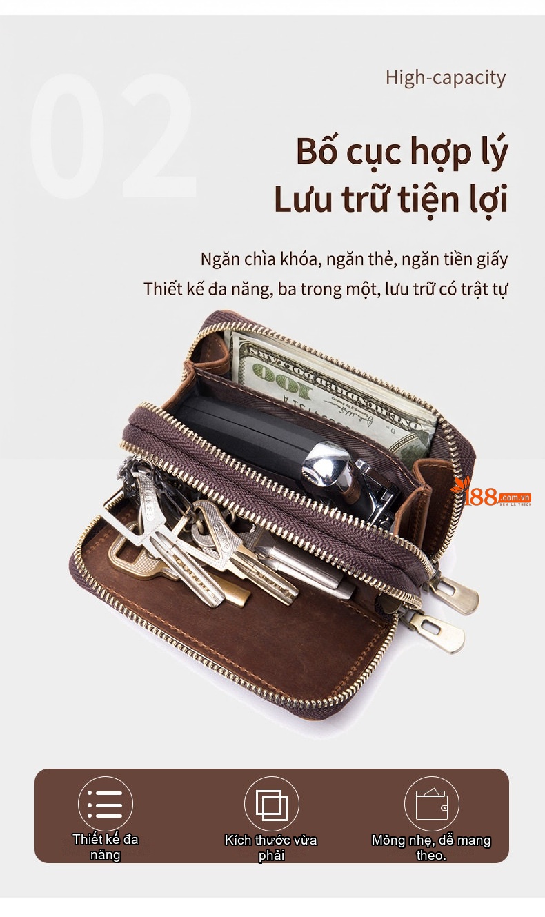 Ví Đựng Chìa Khóa Nam Da Bò Đa Năng Chống Quét Thẻ RFID Màu Nâu chi tiết 3