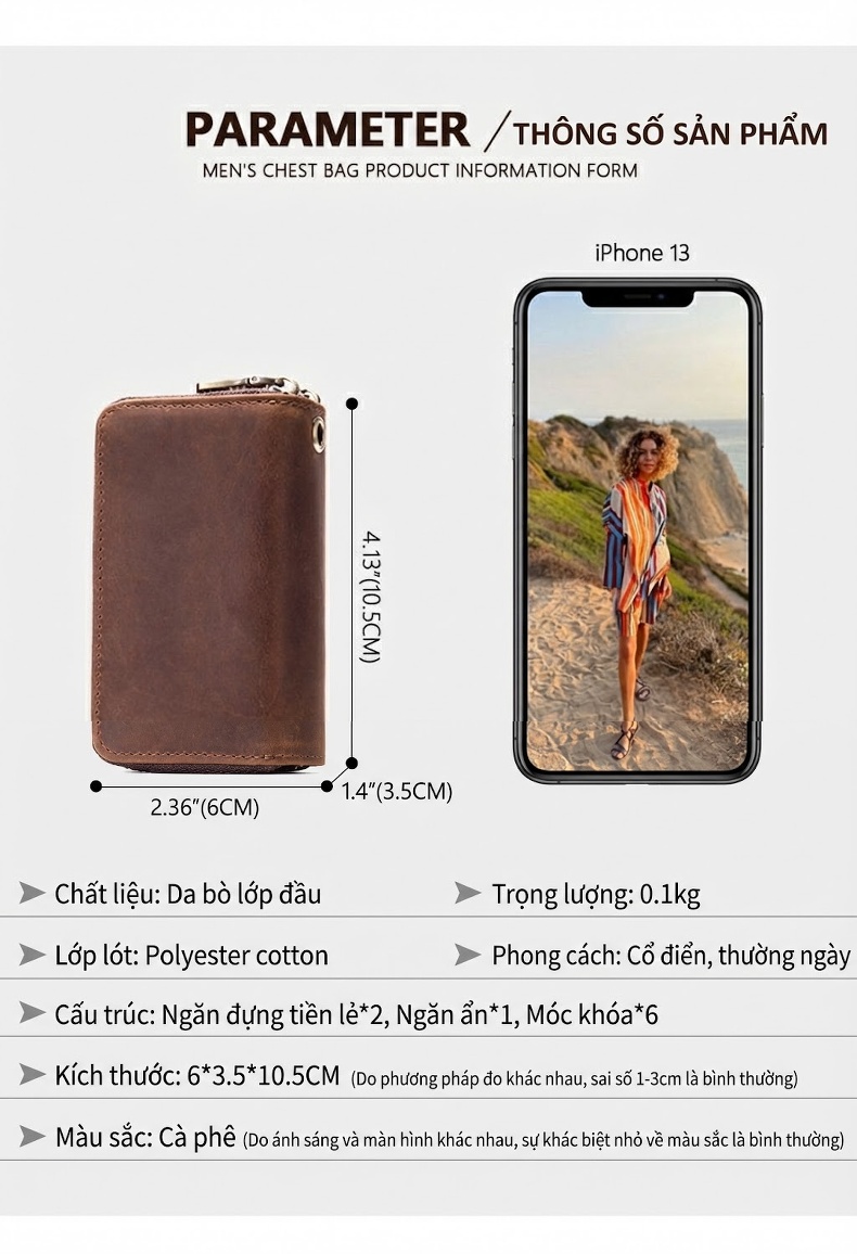 Ví Đựng Chìa Khóa Nam Da Bò Đa Năng Chống Quét Thẻ RFID Màu Nâu chi tiết 4