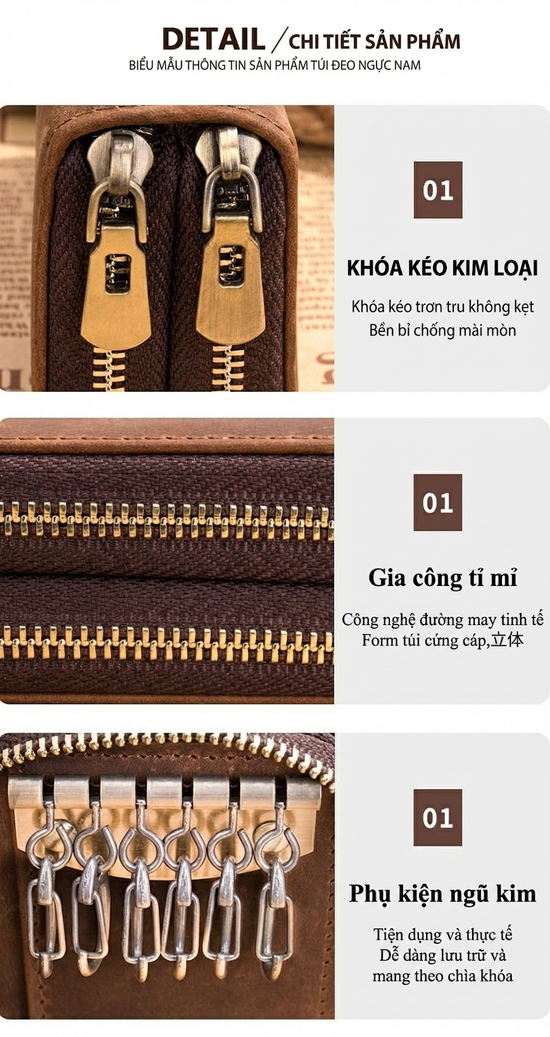 Ví Đựng Chìa Khóa Nam Da Bò Đa Năng Chống Quét Thẻ RFID Màu Nâu chi tiết 5