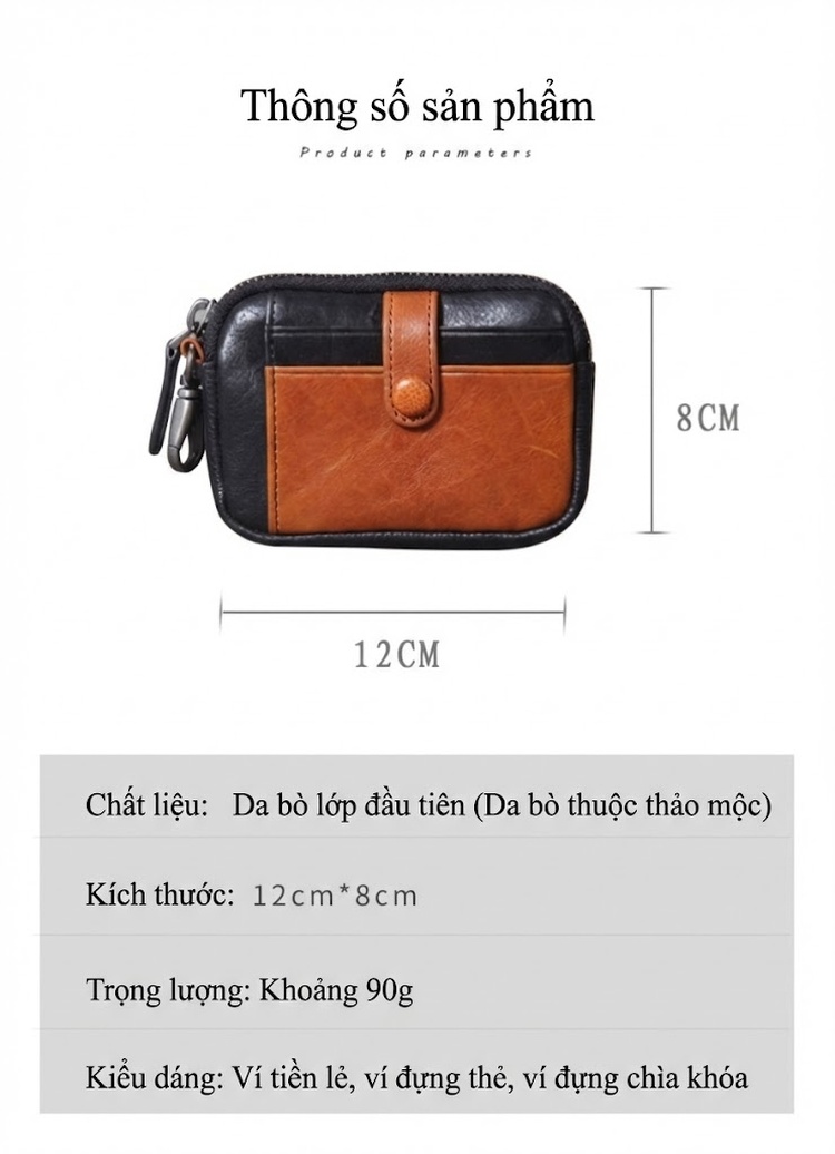 Ví Đựng Tiền Xu, Thẻ, Chìa Khóa Da Bò Mini Siêu Mỏng Khóa Kéo Kiểu Dáng Thủ Công Màu Đen, Nâu chi tiết 1