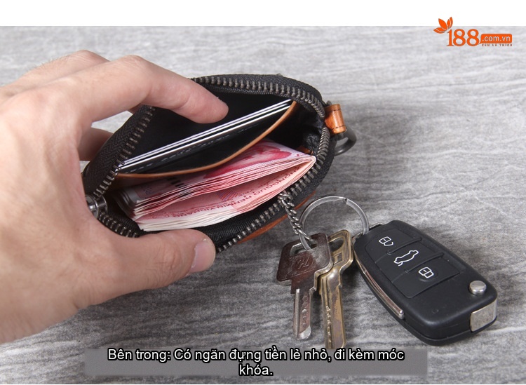 Ví Đựng Tiền Xu, Thẻ, Chìa Khóa Da Bò Mini Siêu Mỏng Khóa Kéo Kiểu Dáng Thủ Công Màu Đen, Nâu chi tiết 8