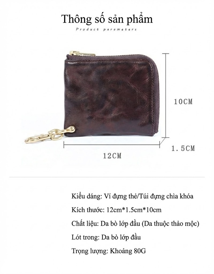 Ví Ngắn Mini Da Bò Ý Khóa Kéo Kim Loại Màu Nâu chi tiết 2