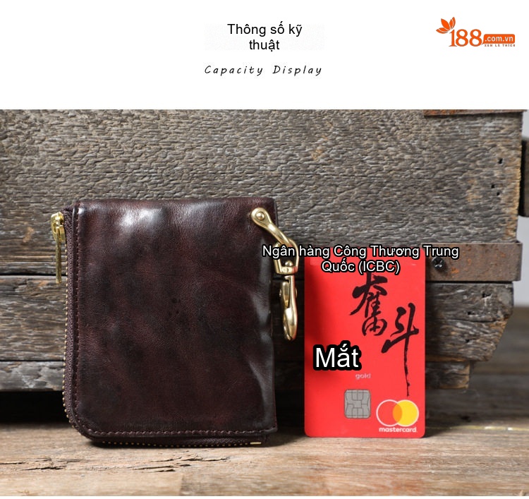 Ví Ngắn Mini Da Bò Ý Khóa Kéo Kim Loại Màu Nâu chi tiết 3