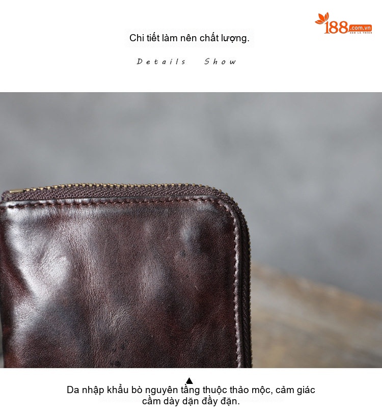 Ví Ngắn Mini Da Bò Ý Khóa Kéo Kim Loại Màu Nâu chi tiết 5