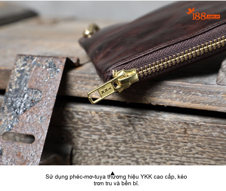 Ví Ngắn Mini Da Bò Ý Khóa Kéo Kim Loại Màu Nâu chi tiết 8