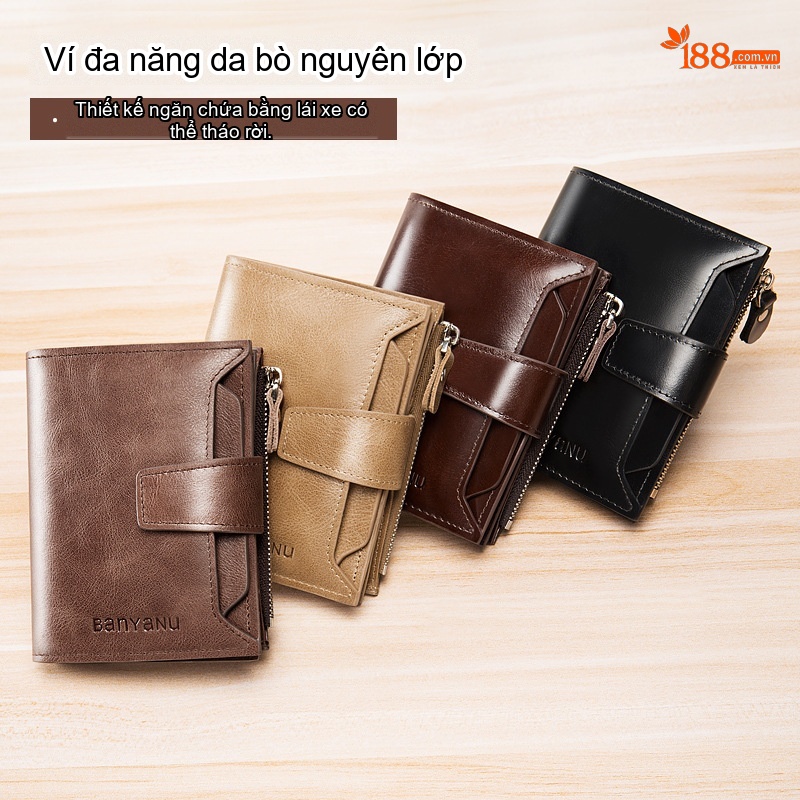 Ví Ngắn Nam Da Bò Đứng Cổ Điển Đa Năng Màu Nâu, Đen chi tiết 2