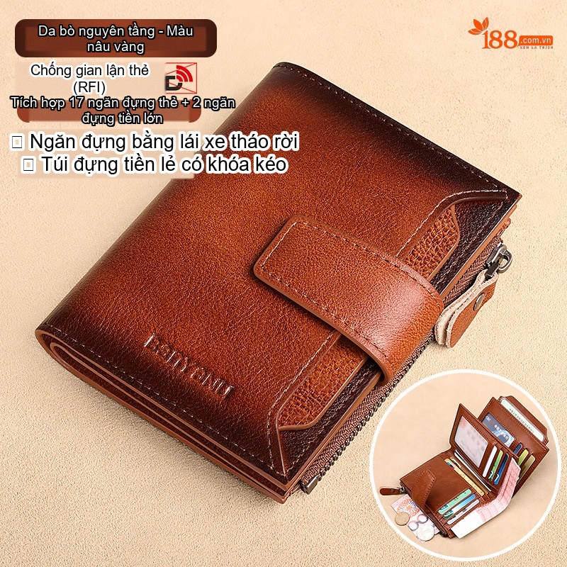 Ví Ngắn Nam Da Bò Đứng Cổ Điển Đa Năng Màu Nâu, Đen chi tiết 5