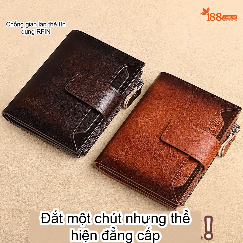 Ví Ngắn Nam Da Bò Đứng Cổ Điển Đa Năng Màu Nâu, Đen chi tiết 10