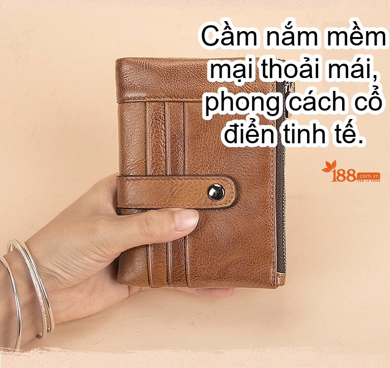 Ví Ngắn Nam Da Bò Khóa Kéo Đựng Thẻ Tiền Xu Vintage Màu Nâu, Xám chi tiết 1