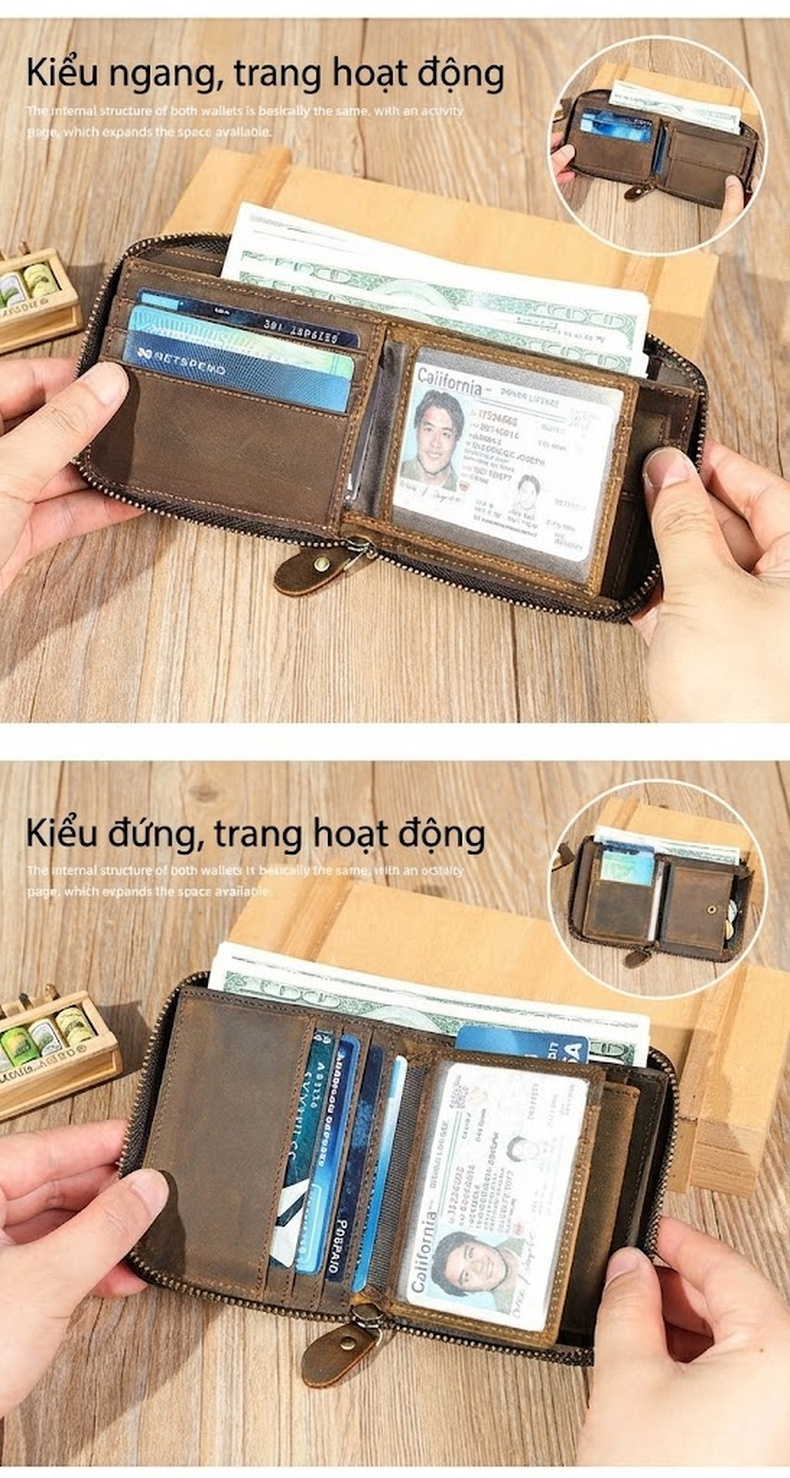 Ví Ngắn Nam Da Bò Mad Dog Khóa Kéo Nhiều Ngăn Đựng Thẻ Tiện Dụng Màu Nâu chi tiết 5