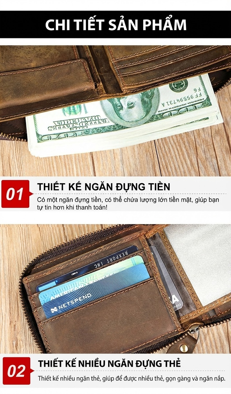 Ví Ngắn Nam Da Bò Mad Dog Khóa Kéo Nhiều Ngăn Đựng Thẻ Tiện Dụng Màu Nâu chi tiết 14