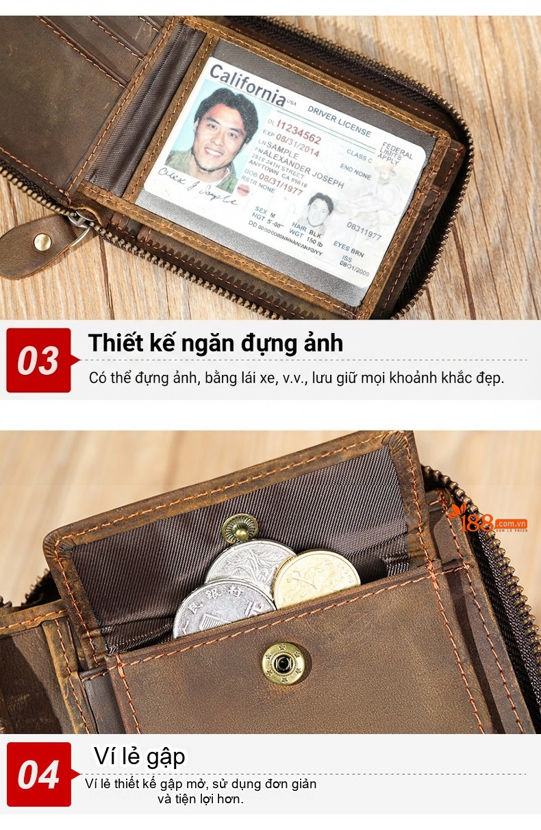 Ví Ngắn Nam Da Bò Mad Dog Khóa Kéo Nhiều Ngăn Đựng Thẻ Tiện Dụng Màu Nâu chi tiết 15