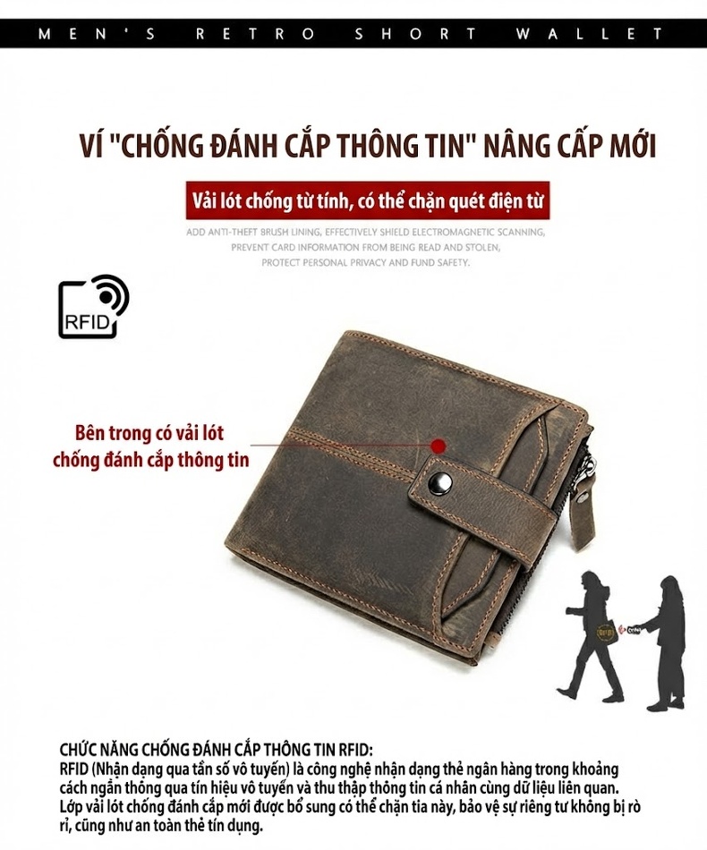 Ví Ngắn Nam Da Bò Thật Phong Cách Retro Màu Nâu chi tiết 5