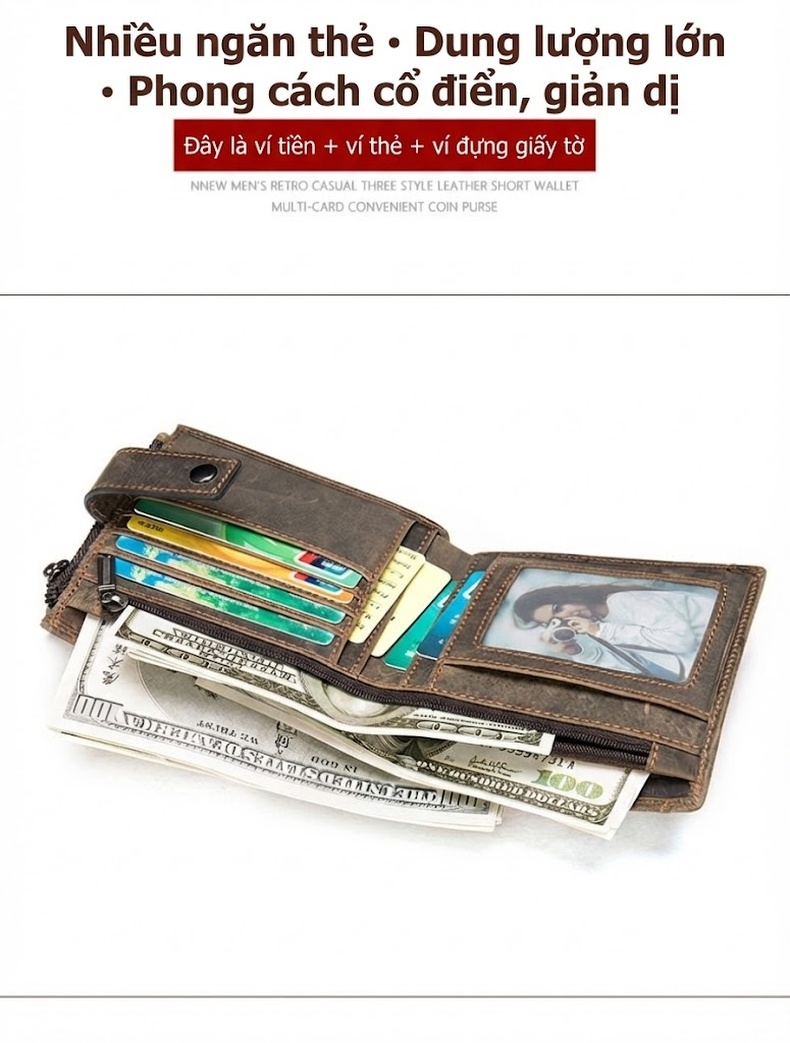 Ví Ngắn Nam Da Bò Thật Phong Cách Retro Màu Nâu chi tiết 2