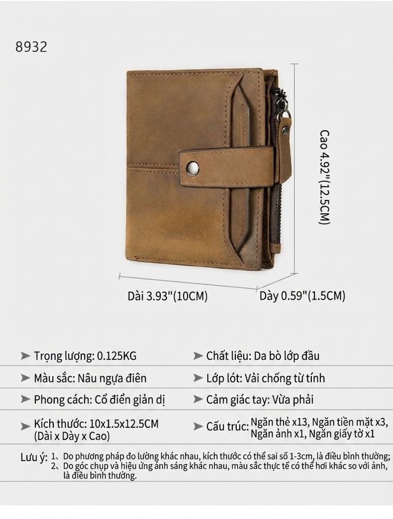 Ví Ngắn Nam Da Bò Thật Phong Cách Retro Màu Nâu chi tiết 8
