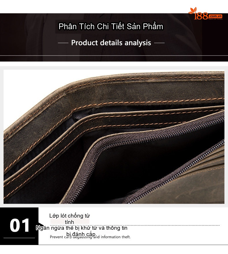 Ví Ngắn Nam Da Bò Thật Phong Cách Retro Màu Nâu chi tiết 9