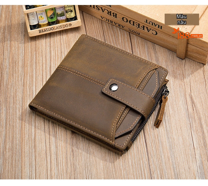 Ví Ngắn Nam Da Bò Thật Phong Cách Retro Màu Nâu chi tiết 16