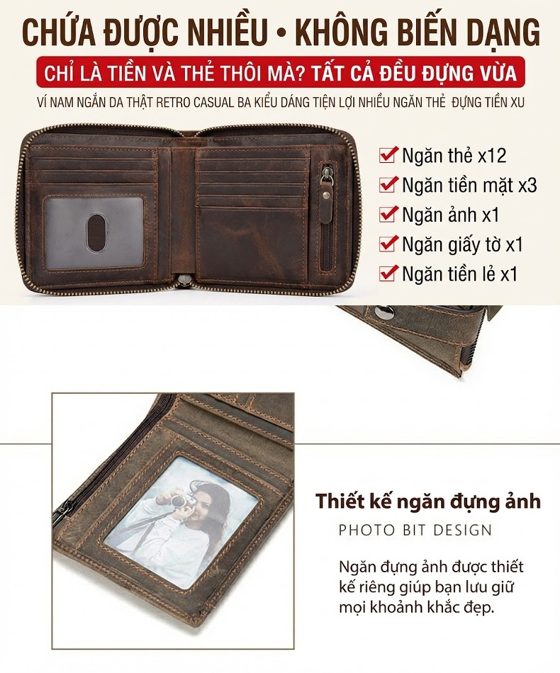 Ví Ngắn Nam Da Bò Thật Phong Cách Retro Màu Nâu chi tiết 3