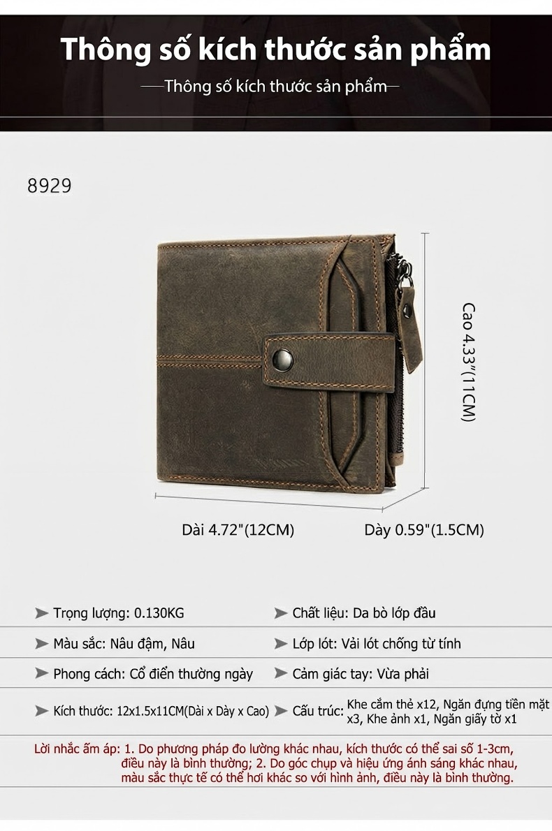 Ví Ngắn Nam Da Bò Thật Phong Cách Retro Màu Nâu chi tiết 7