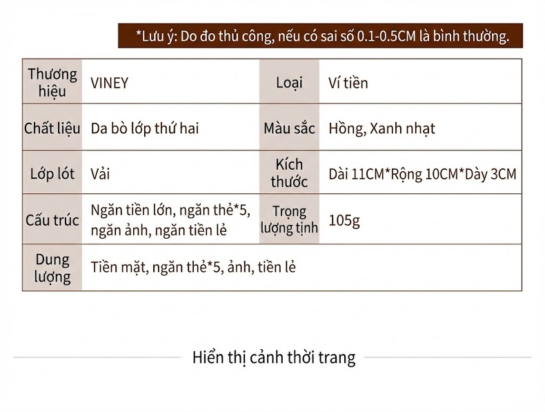 Ví Ngắn Nữ Da Bò Gập Ba Nhiều Ngăn Đựng Thẻ Tiện Lợi Màu Hồng chi tiết 7