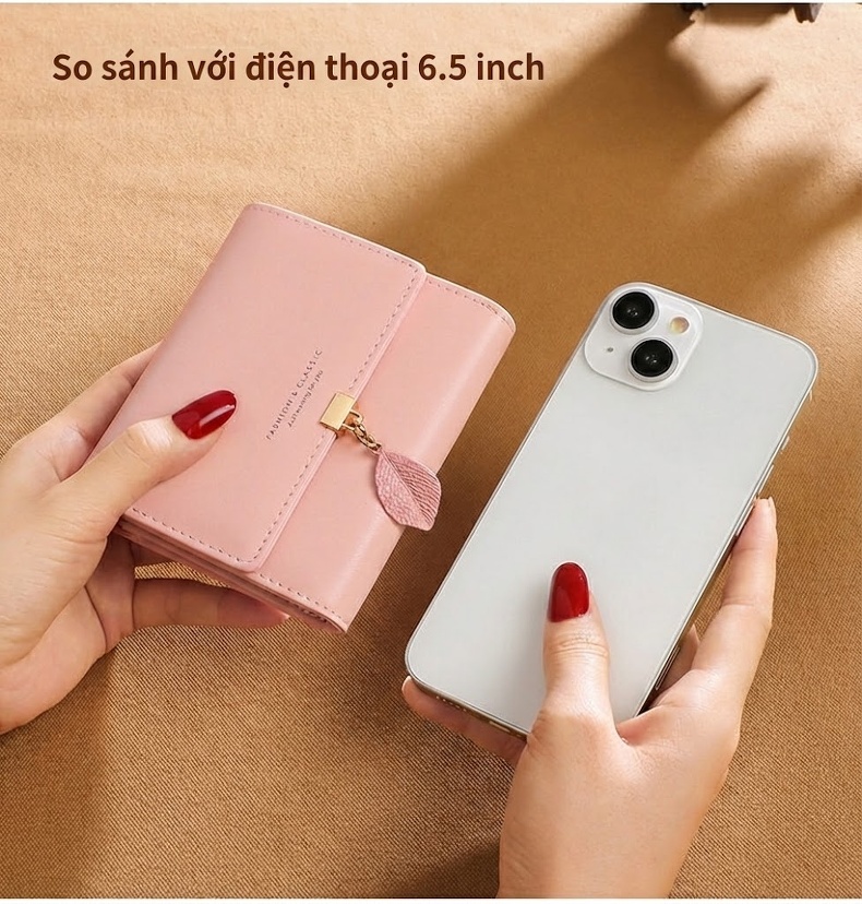 Ví Ngắn Nữ Da Bò Gập Ba Nhiều Ngăn Đựng Thẻ Tiện Lợi Màu Hồng chi tiết 12