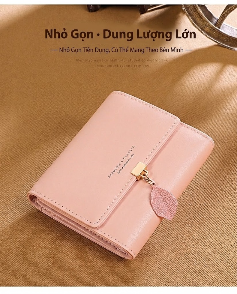 Ví Ngắn Nữ Da Bò Gập Ba Nhiều Ngăn Đựng Thẻ Tiện Lợi Màu Hồng chi tiết 1