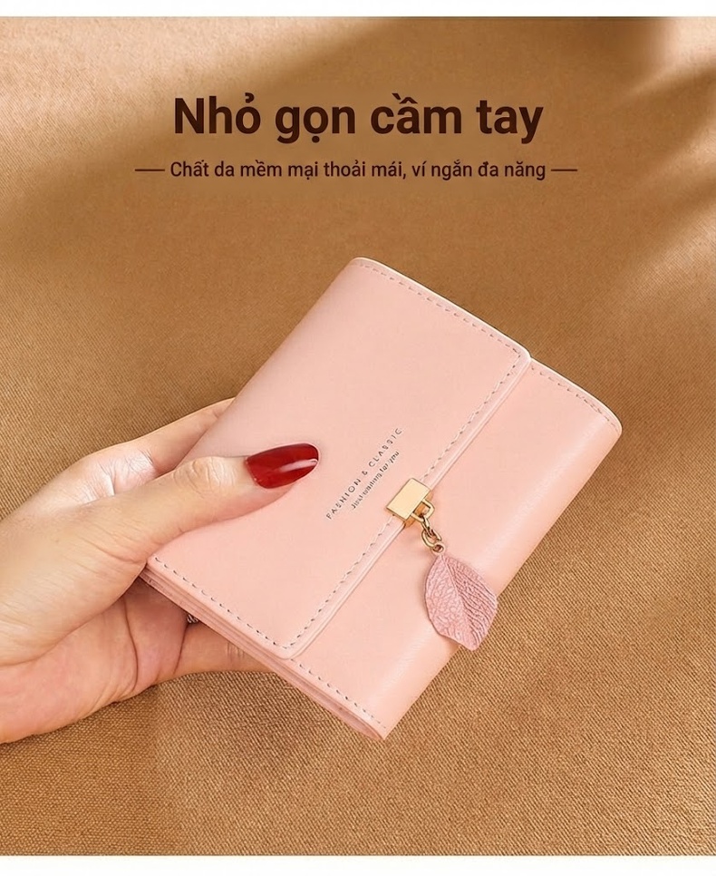 Ví Ngắn Nữ Da Bò Gập Ba Nhiều Ngăn Đựng Thẻ Tiện Lợi Màu Hồng chi tiết 2