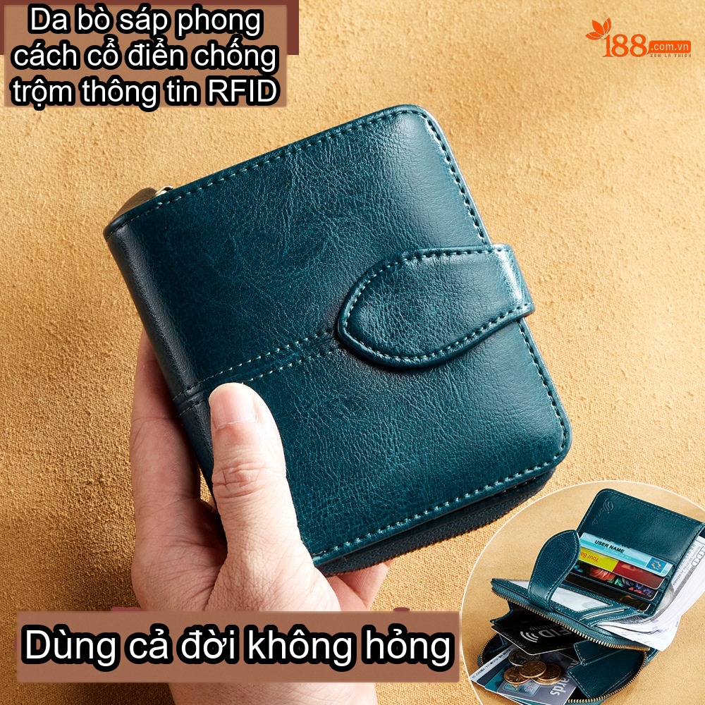 Ví Ngắn Nữ Da Thật Gập Đôi Khóa Kéo Nhiều Ngăn Đựng Thẻ Màu Đen, Xanh chi tiết 21