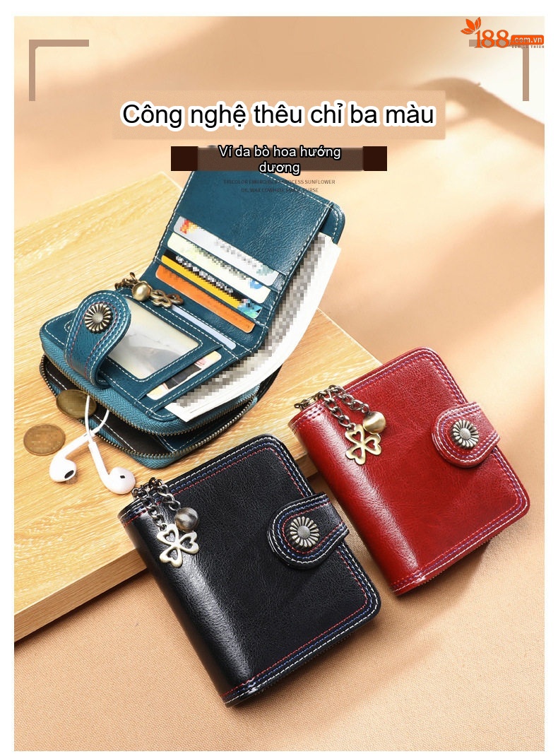 Ví Ngắn Nữ Da Thật Gập Đôi Khóa Kéo Nhiều Ngăn Đựng Thẻ Màu Đen, Xanh chi tiết 1
