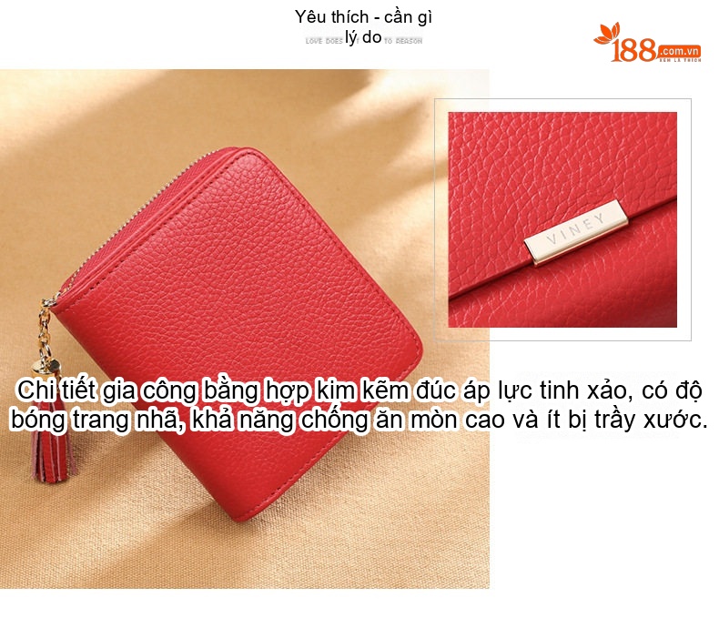 Ví Ngắn Nữ Da Thật Khóa Kéo Gấp Hai Phong Cách Hàn Quốc Tua Rua Màu Hồng chi tiết 14