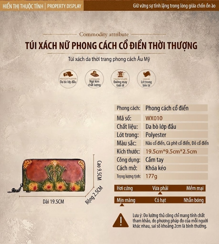 Ví Nữ Da Bò Dáng Dài Cầm Tay Khắc Hoa Văn Thủ Công Màu Đỏ, Nâu, Xanh chi tiết 2