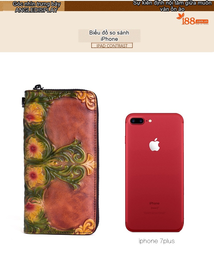 Ví Nữ Da Bò Dáng Dài Cầm Tay Khắc Hoa Văn Thủ Công Màu Đỏ, Nâu, Xanh chi tiết 5