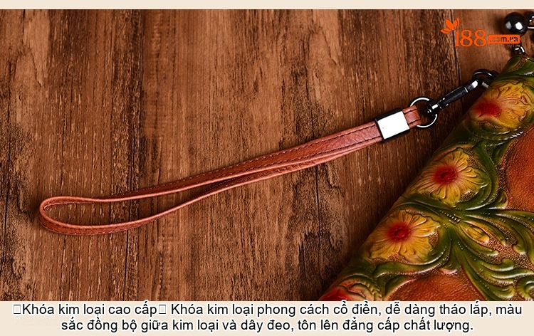 Ví Nữ Da Bò Dáng Dài Cầm Tay Khắc Hoa Văn Thủ Công Màu Đỏ, Nâu, Xanh chi tiết 11