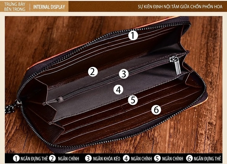 Ví Nữ Da Bò Dáng Dài Cầm Tay Khắc Hoa Văn Thủ Công Màu Đỏ, Nâu, Xanh chi tiết 12