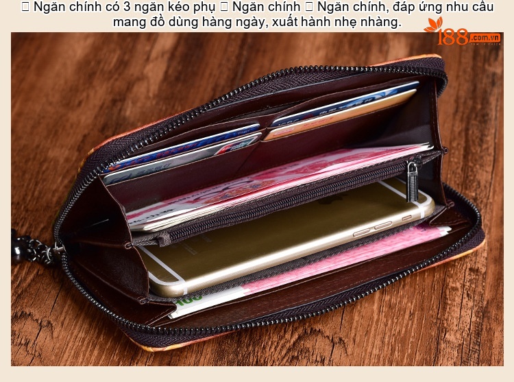 Ví Nữ Da Bò Dáng Dài Cầm Tay Khắc Hoa Văn Thủ Công Màu Đỏ, Nâu, Xanh chi tiết 13