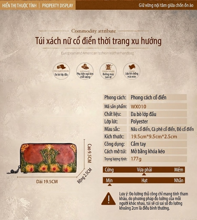Ví Nữ Da Bò Dáng Dài Cầm Tay Khắc Hoa Văn Thủ Công Màu Đỏ, Nâu, Xanh chi tiết 15