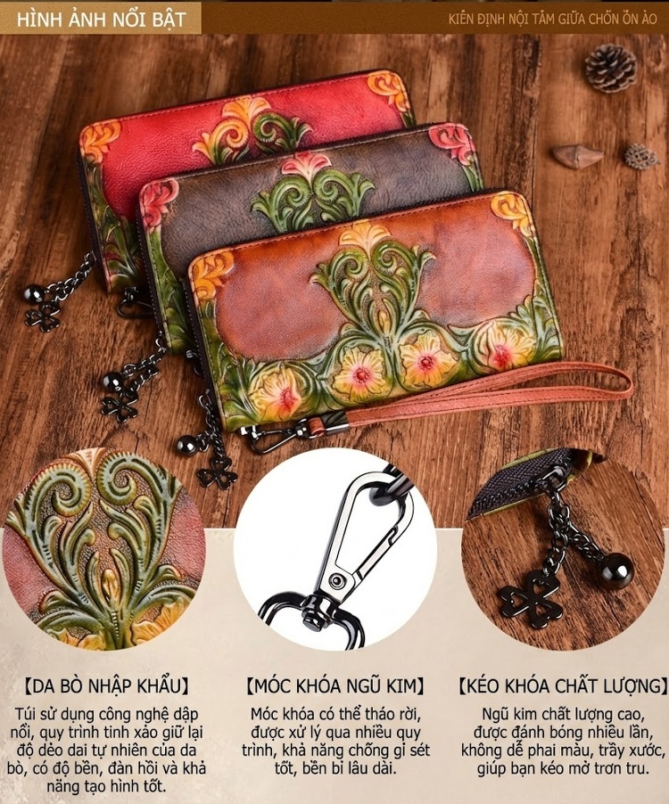 Ví Nữ Da Bò Dáng Dài Cầm Tay Khắc Hoa Văn Thủ Công Màu Đỏ, Nâu, Xanh chi tiết 17