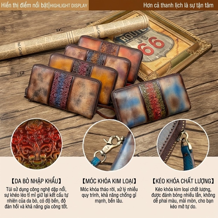 Ví Nữ Da Bò Dáng Dài Cổ Điển Nhiều Ngăn Khóa Kéo Màu Nâu, Xanh, Đỏ, Cam... chi tiết 16