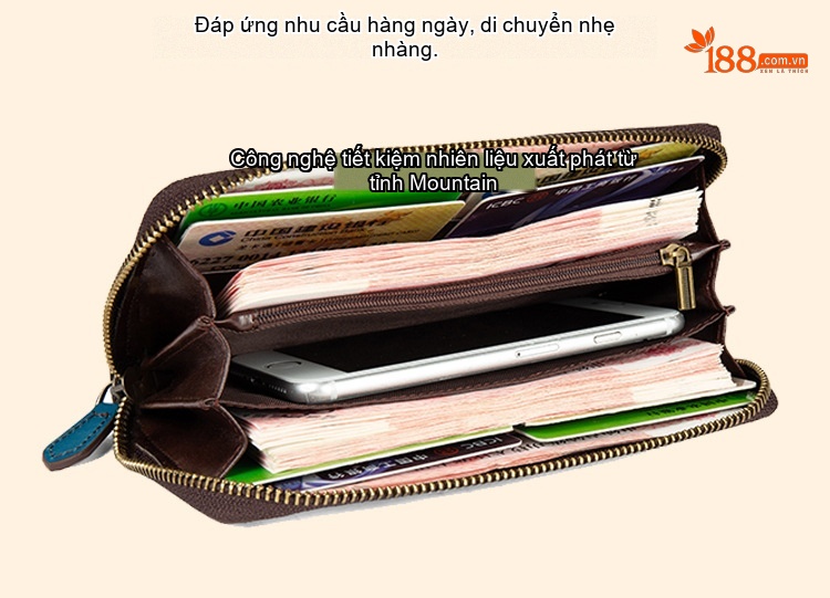 Ví Nữ Da Bò Dáng Dài Cổ Điển Nhiều Ngăn Khóa Kéo Màu Nâu, Xanh, Đỏ, Cam... chi tiết 17