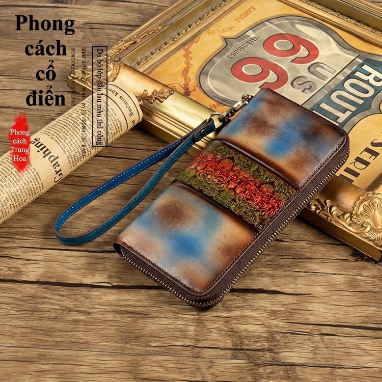Ví Nữ Da Bò Dáng Dài Cổ Điển Nhiều Ngăn Khóa Kéo Màu Nâu, Xanh, Đỏ, Cam... chi tiết 5