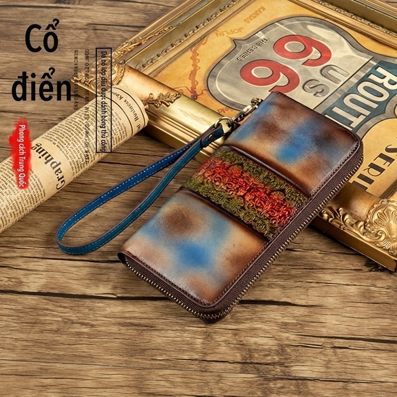 Ví Nữ Da Bò Dáng Dài Cổ Điển Nhiều Ngăn Khóa Kéo Màu Nâu, Xanh, Đỏ, Cam...