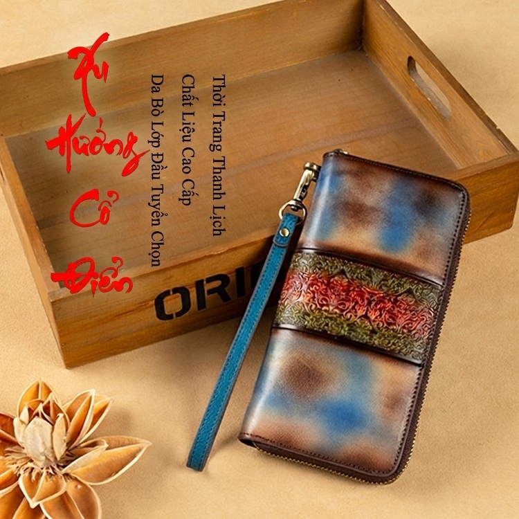 Ví Nữ Da Bò Dáng Dài Cổ Điển Nhiều Ngăn Khóa Kéo Màu Nâu, Xanh, Đỏ, Cam... chi tiết 3