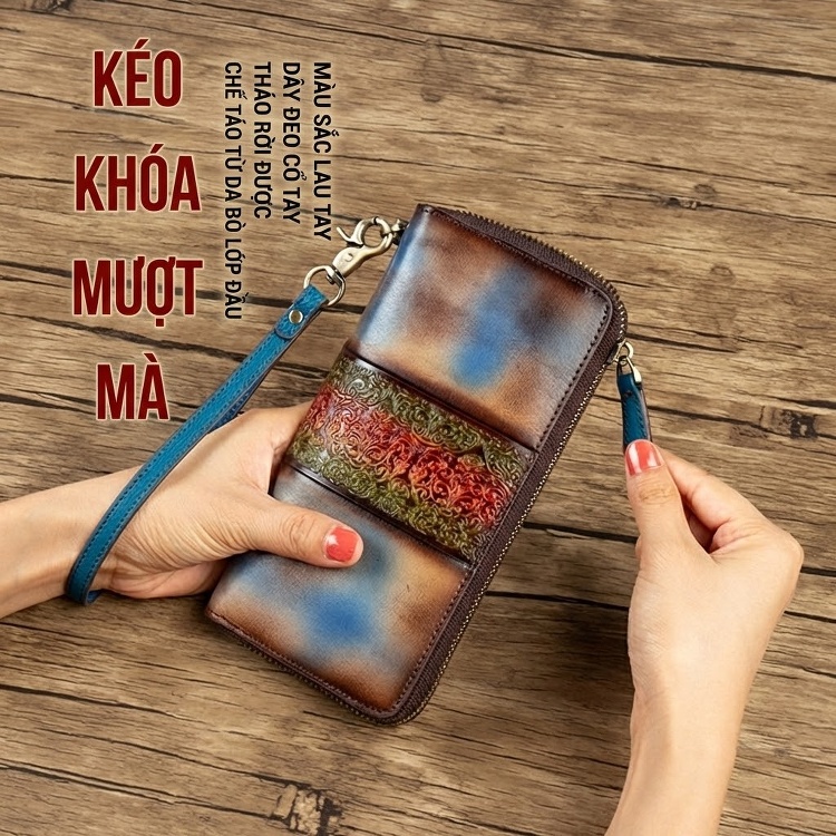 Ví Nữ Da Bò Dáng Dài Cổ Điển Nhiều Ngăn Khóa Kéo Màu Nâu, Xanh, Đỏ, Cam... chi tiết 4