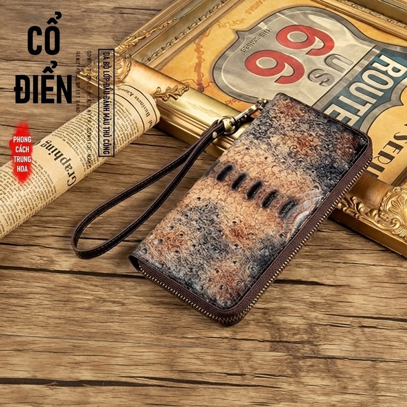 Ví Nữ Da Bò Vân Đà Điểu Cầm Tay Nhiều Ngăn Màu Nâu, Đen chi tiết 10