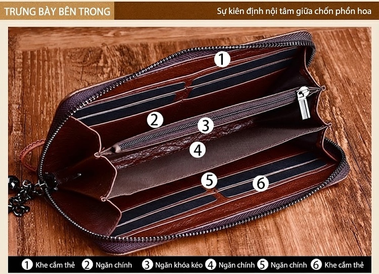 Ví Nữ Da Thật Dáng Dài Khóa Kéo Đựng Điện Thoại Họa Tiết Hoa Màu Nâu, Đỏ chi tiết 15