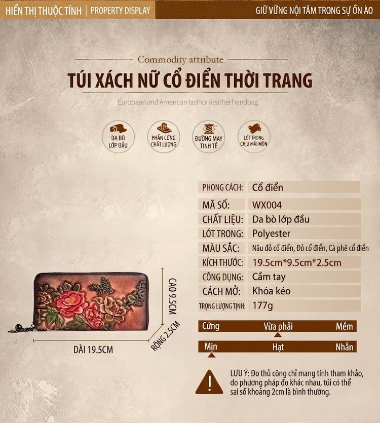 Ví Nữ Da Thật Dáng Dài Khóa Kéo Đựng Điện Thoại Họa Tiết Hoa Màu Nâu, Đỏ chi tiết 2