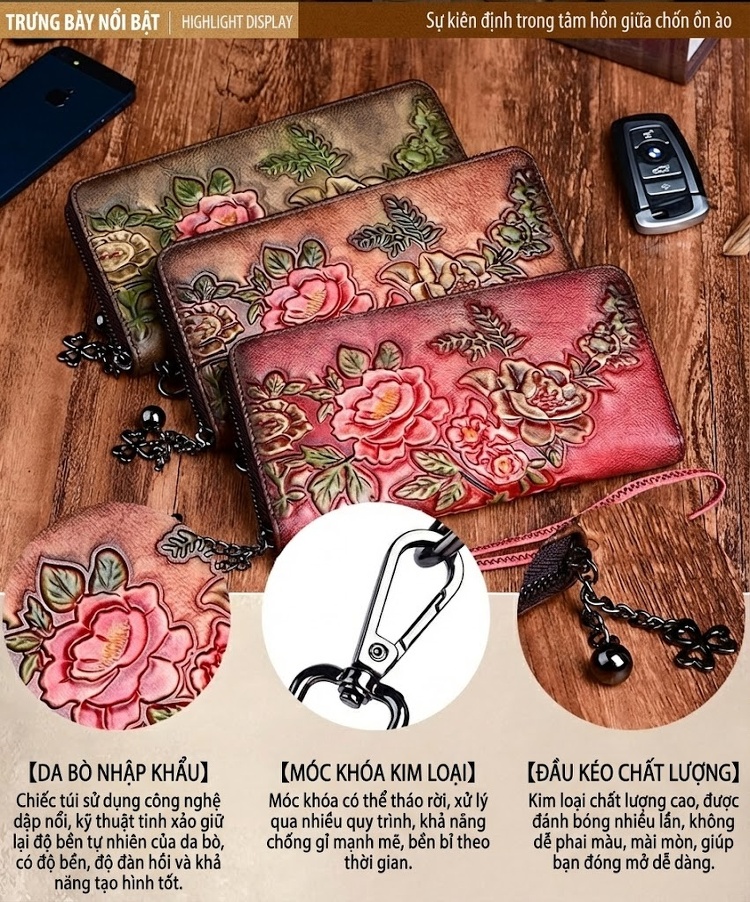 Ví Nữ Da Thật Dáng Dài Khóa Kéo Đựng Điện Thoại Họa Tiết Hoa Màu Nâu, Đỏ chi tiết 3