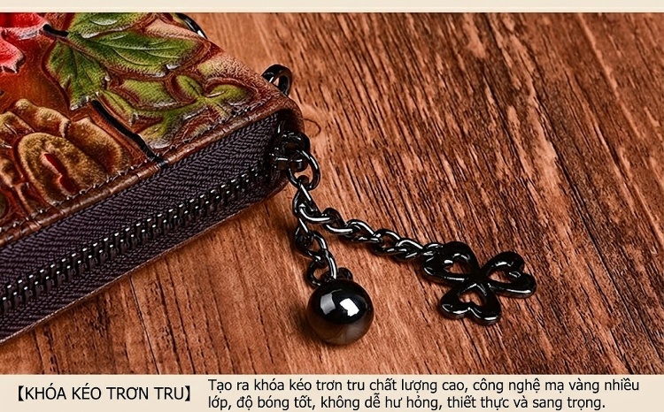 Ví Nữ Da Thật Dáng Dài Khóa Kéo Đựng Điện Thoại Họa Tiết Hoa Màu Nâu, Đỏ chi tiết 9